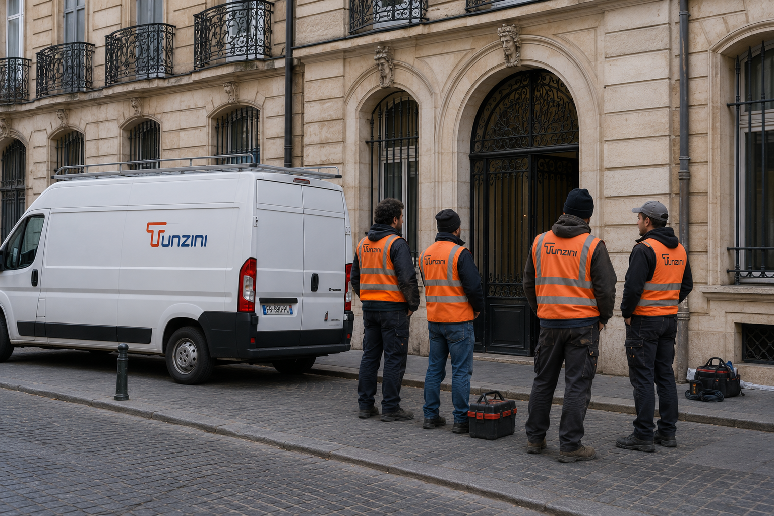 équipe tunzini devant batiment avec camionnette
